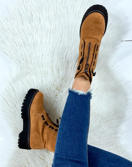 Camel suede ankle boots with zip