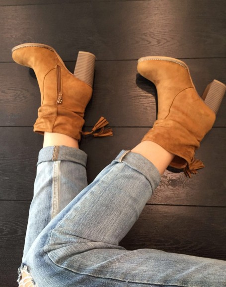 Camel suede-effect ankle boots with pleats on the top