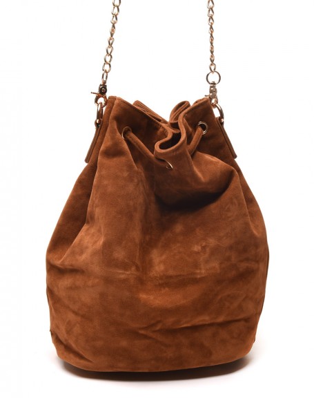 Camel suede-effect bucket bag with studded inserts