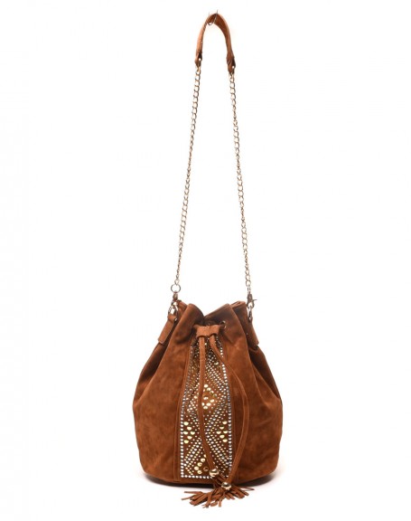 Camel suede-effect bucket bag with studded inserts