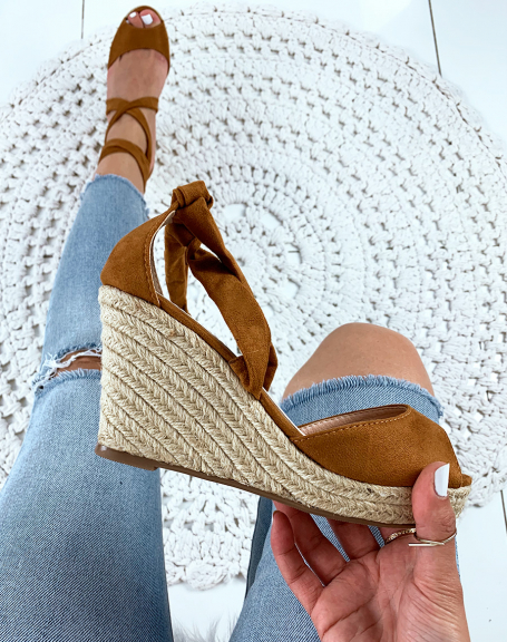 Camel suede wedges with crisscrossed laces