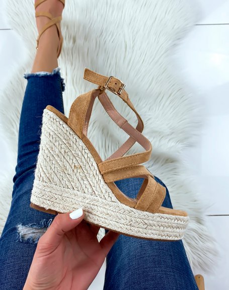 Camel suede wedges with crossed straps