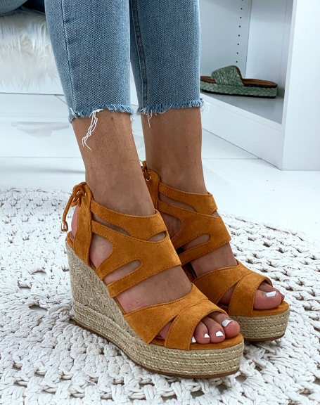 Camel suede wedges with multiple straps