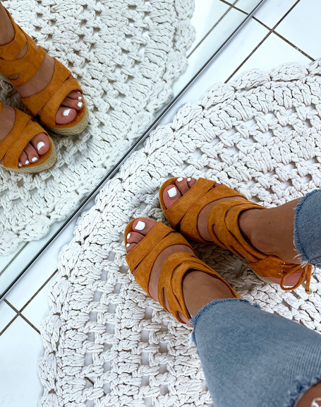 Camel suede wedges with multiple straps
