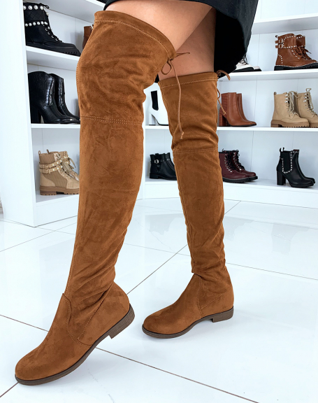 Camel suedette adjustable thigh-high boots
