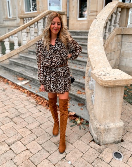 Camel suedette adjustable thigh-high boots