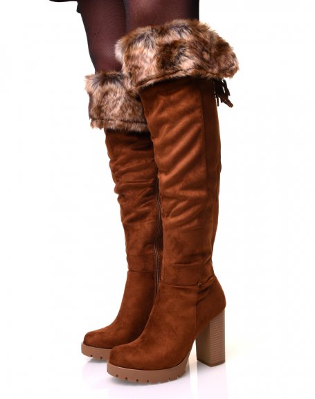 Camel suedette and fur heeled boots