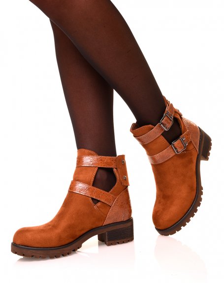 Camel suedette ankle boots with buckles