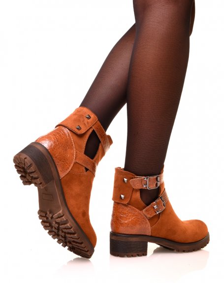 Camel suedette ankle boots with buckles