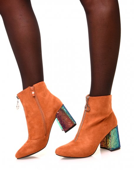 Camel suedette ankle boots with glitter heels