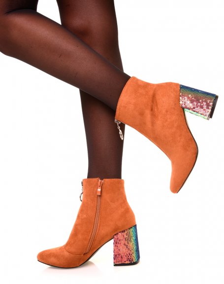 Camel suedette ankle boots with glitter heels