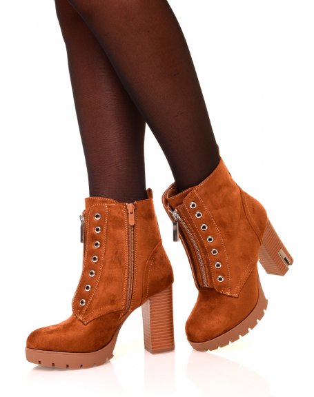 Camel suedette ankle boots with high heels