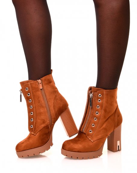 Camel suedette ankle boots with high heels