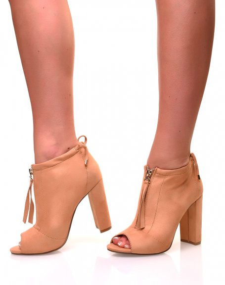 Camel suedette ankle boots with open heels