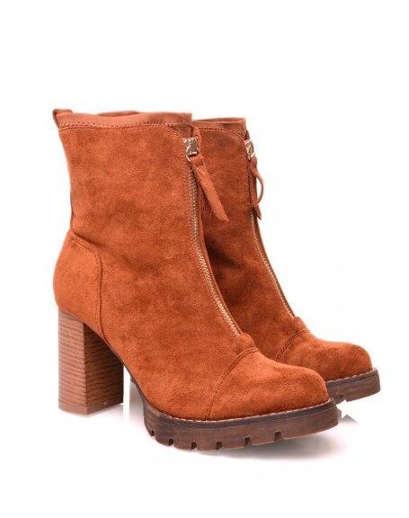 Camel suedette ankle boots with sock-effect heels