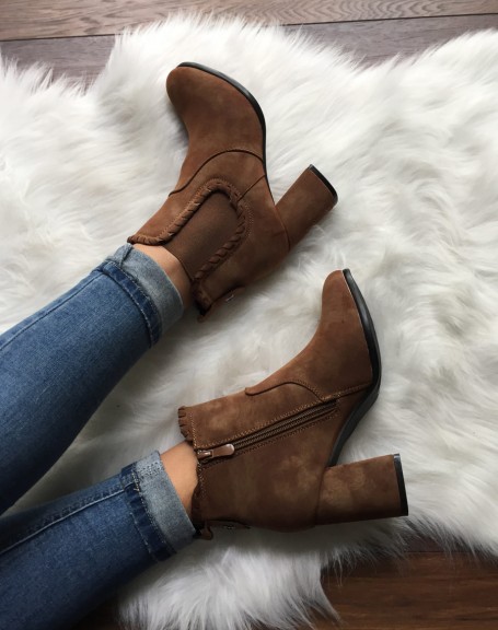 Camel suedette ankle boots with twisted details