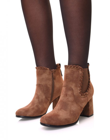 Camel suedette ankle boots with twisted details