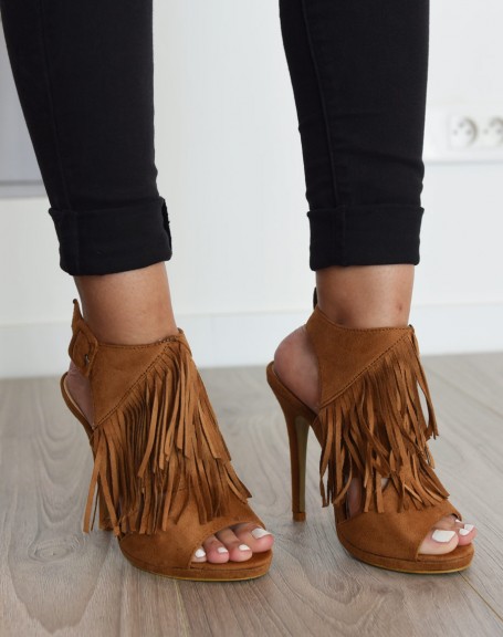 Camel suedette-effect open heeled sandals with fringes