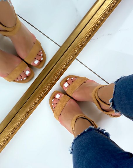 Camel suedette heeled sandals with crossed straps