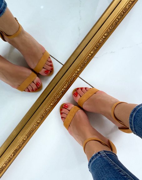 Camel suedette heeled sandals with thin straps