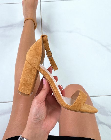 Camel suedette heeled sandals with thin straps