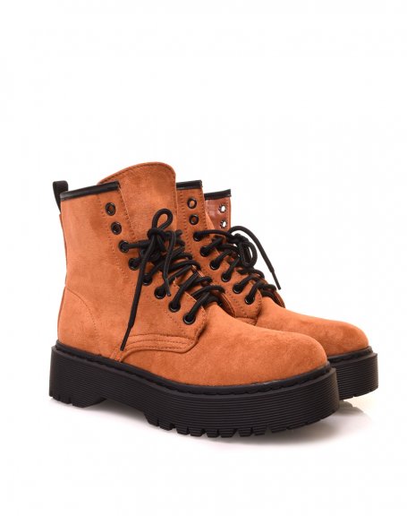 Camel suedette high-top boots with large platform