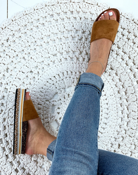 Camel suedette mules with fancy platforms