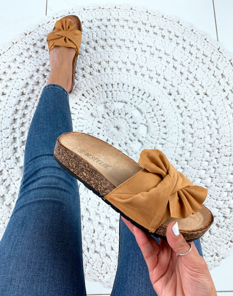 Camel suedette mules with large ruffle bow