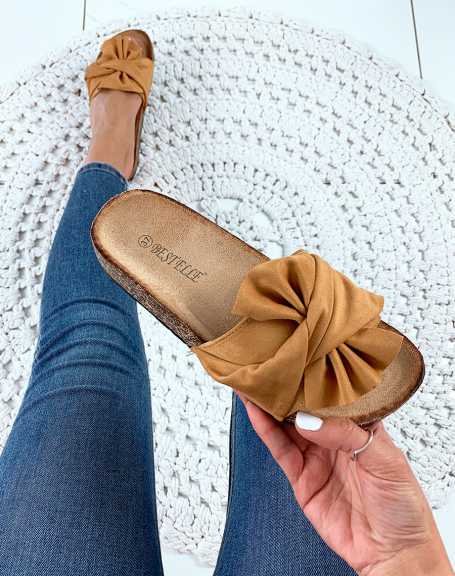 Camel suedette mules with large ruffle bow