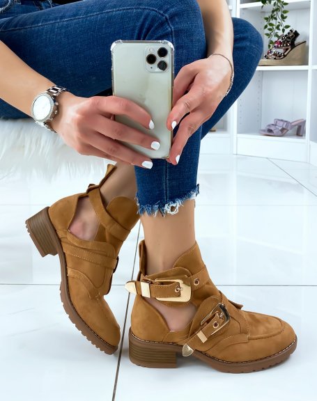 Camel suedette open ankle boots