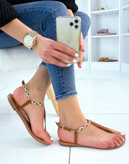 Camel suedette sandals with braided detail
