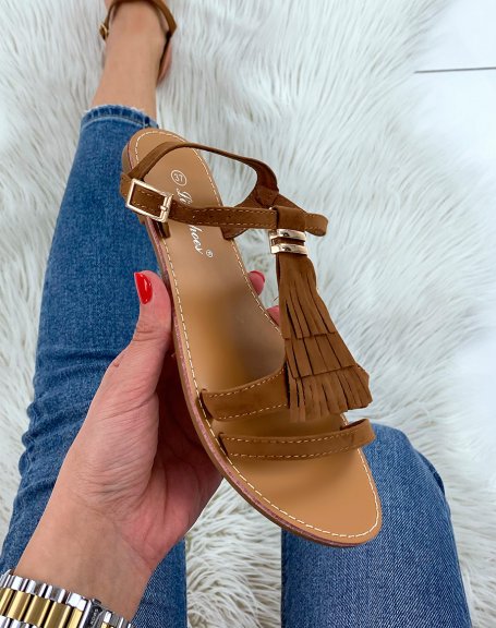 Camel suedette sandals with fringes and gold detail
