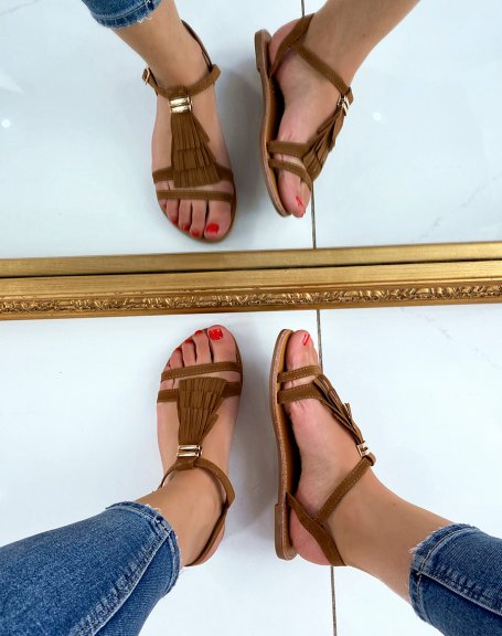 Camel suedette sandals with fringes and gold detail