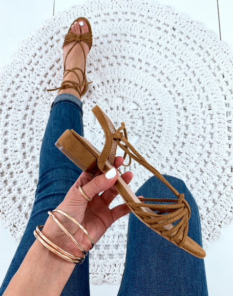 Camel suedette sandals with low heels and laces