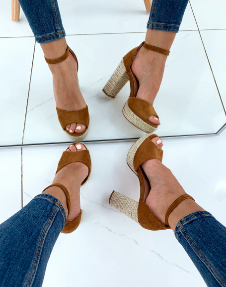 Camel suedette sandals with rope heels and platforms
