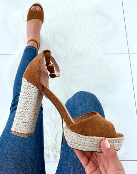 Camel suedette sandals with rope heels and platforms