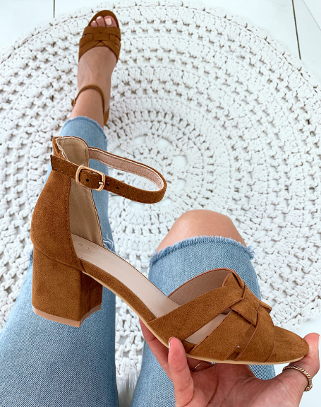 Camel suedette sandals with small square heels and wide fancy straps