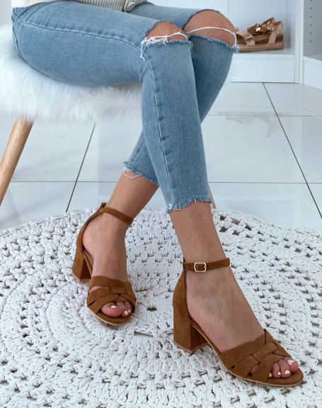 Camel suedette sandals with small square heels and wide fancy straps