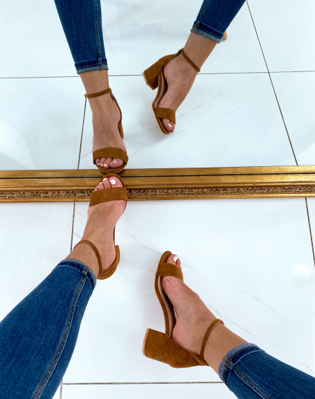 Camel suedette sandals with square heel