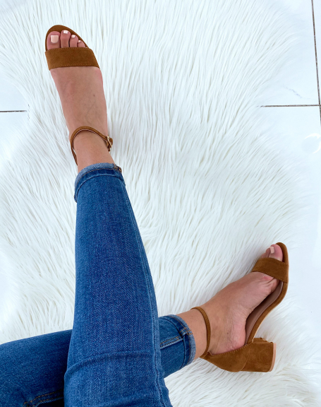 Camel suedette sandals with square heel