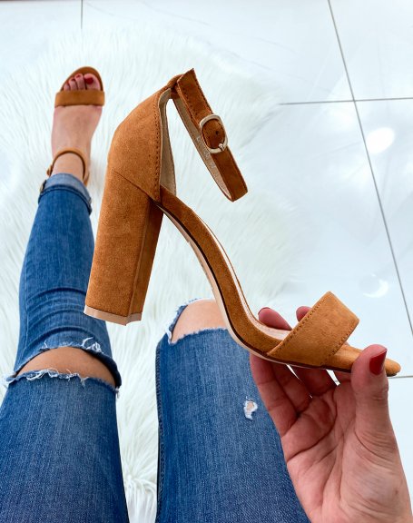 Camel suedette sandals with square heels