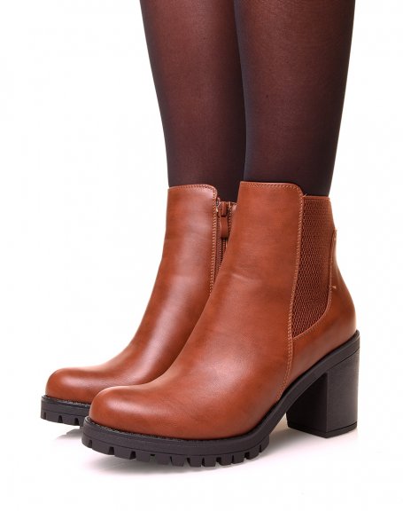 Camel thick heel ankle boot