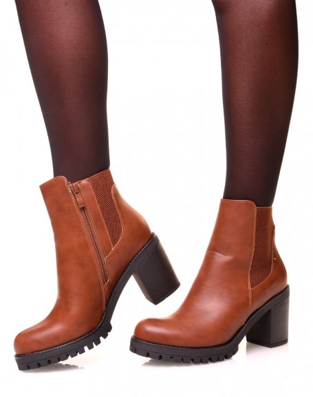 Camel thick heel ankle boot