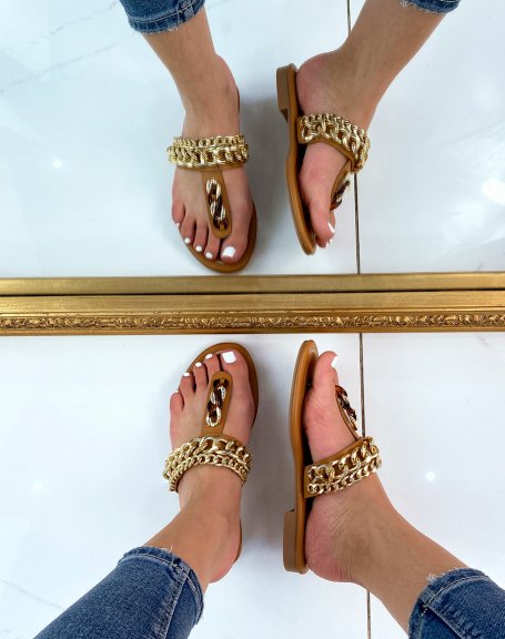 Camel thong mules with golden chains