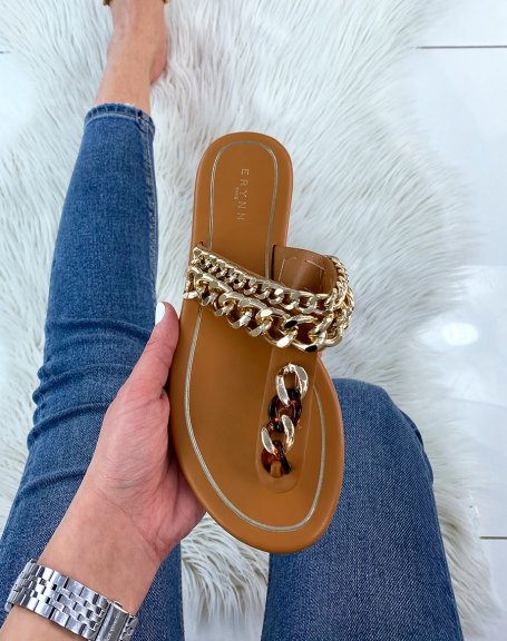Camel thong mules with golden chains