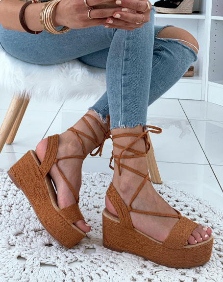 Camel wedge heel lace-up sandals