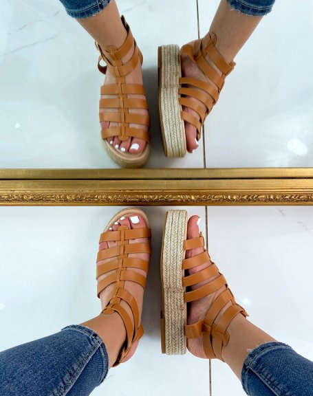 Camel wedge sandals with multiple straps