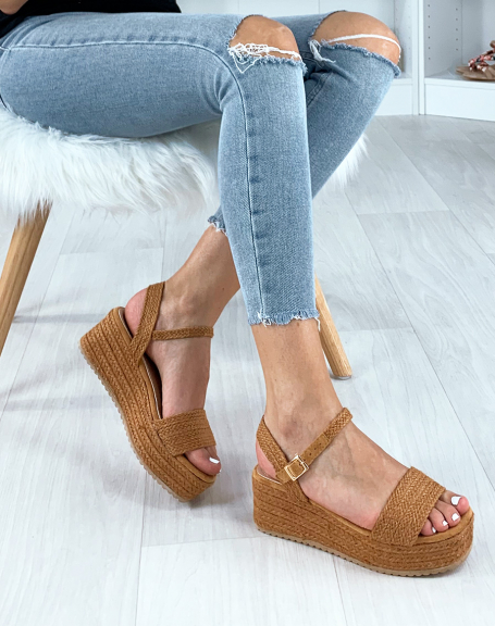 Camel wedge sandals with wide braided straps