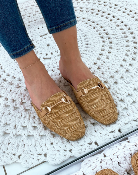 Camel wicker moccasin-style mules