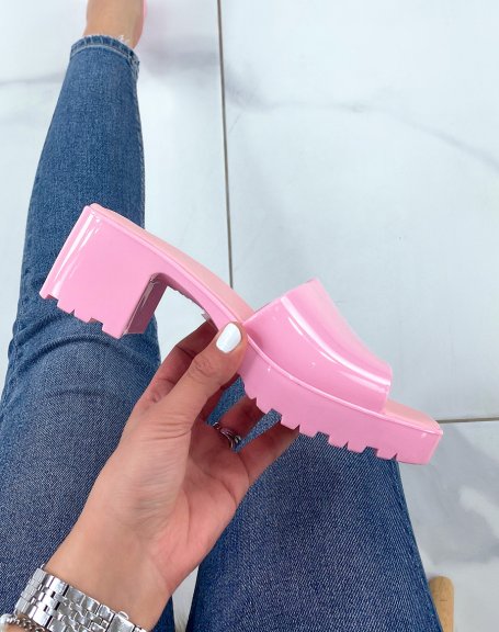 Candy pink patent mules with small square heel